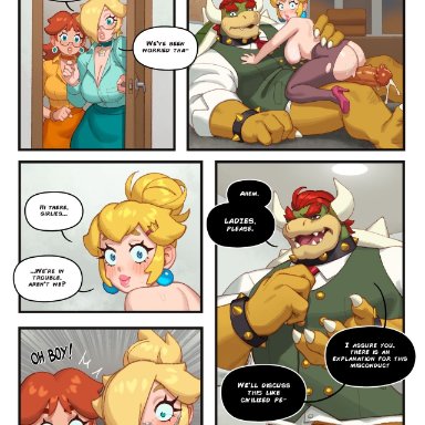 nintendo, bowser, princess daisy, princess peach, princess rosalina, rizdraws, alternate costume, bimbo, blonde hair, blue eyes, breasts, breasts out, exposed, high heels, office