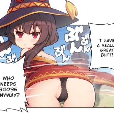 megumin, merrytail, 1girls, back view, big hat, black panties, blush, brown hair, dress, looking at viewer, looking back, looking back at viewer, panties, petite, pout