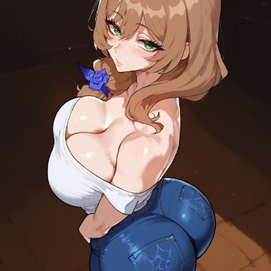 genshin impact, lisa (genshin impact), floppydisc, 1girls, ass, ass focus, bare shoulders, big ass, big breasts, big butt, blush, brown hair, clothed, clothing, female