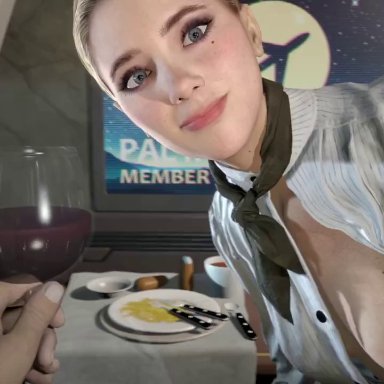 detroit: become human, chloe (detroit: become human), yellowbea, 1boy, 1girls, air hostess, airborne, blonde hair, blue eyes, breasts, breasts out, female, female focus, first class entertainment, handjob