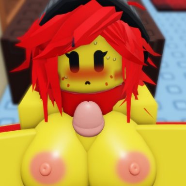 roblox, the battle bricks, paintmaster (the battle bricks), wompwompsad, 1boy, 1girls, bandages, beanie, black beanie, blush, boobjob, female, male, red hair, sex