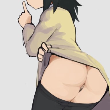 kuroki tomoko, hatsu (hatsumiilkshake), hatsumiilkshake, ass, bags under eyes, black hair, black pantyhose, black pubic hair, clothes lift, clothes pull, dress, dress lift, female, female pubic hair, finger to mouth