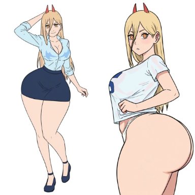 chainsaw man, power (chainsaw man), big ass, bubble butt, close-up, formal clothes, full body, multiple views, t-shirt only, thick thighs, ai generated, hi res