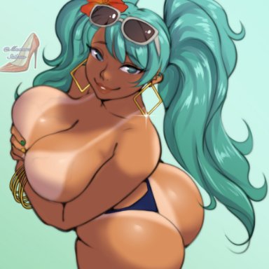 vocaloid, brazilian miku, hatsune miku, madam stiletto, 1girls, ass, big breasts, bikini bottom, bikini tan, blue eyes, bracelet, brazil, brazilian, brazilian female, breasts