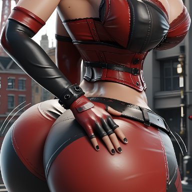 dc comics, harley quinn, harley quinn (arkham city), 1girls, american, big ass, black makeup, black nails, blonde hair, bubble butt, choker, city, city background, corset bra, curvy