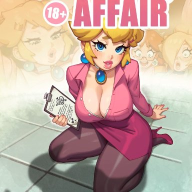 princess peach, rizdraws, 1girls, alternate costume, blonde hair, blue eyes, blushing at viewer, cleavage, female, looking at viewer, 2024, comic, comic page