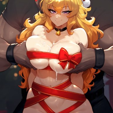 rwby, yang xiao long, 1boy, 1girls, bell collar, birthday suit, blonde hair, christmas wrapped, collar, cum on body, cum on breasts, cum on thighs, dark-skinned male, faceless male, female