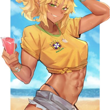 fate (series), fate/apocrypha, fate/grand order, mordred (fate), deccatezu, 1girls, abs, beach, blonde hair, brazil, brazilian, breasts, dark-skinned female, drink can, female