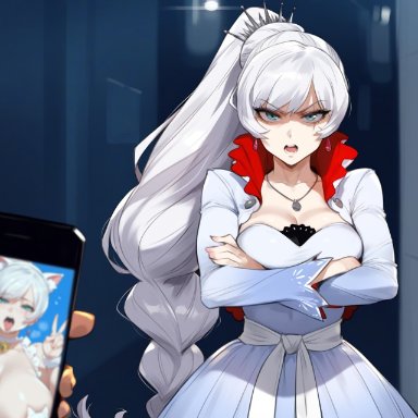 rwby, weiss schnee, 1boy, 1girls, angry face, arms crossed, blackmail, blue eyes, earrings, faceless male, female, fully clothed, glaring, glaring at viewer, looking at viewer