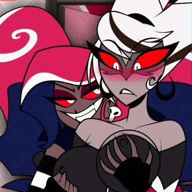 hazbin hotel, carmilla carmine, velvette (hazbin hotel), uzzi-ponydubberx, 2demons, 2girls, black hair, blush, breast grab, breasts, cleavage, ear piercing, earrings, female, female only