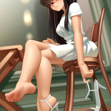 komi-san wa komyushou desu, komi shouko, kairuhentai, kairunoburogu, bare arms, bare legs, barefoot, breasts, brown hair, closed mouth, crossed legs, dress, dutch angle, feet, female