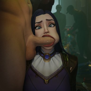 league of legends, riot games, caitlyn kiramman, vi, oldbloodnsfw, alley, alleyway, blowjob, cheek bulge, dark-skinned male, fellatio, forced, forced oral, gangbang, group sex