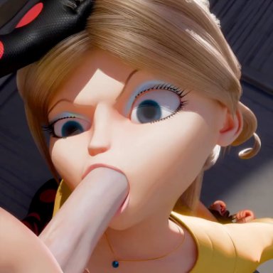 miraculous ladybug, chloe bourgeois, ladybug (character), shadybug (character), artist request, 1futa, 1girls, clothing, cucked by futa, fellatio, female, futa on female, long penis, oral, ponytail