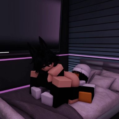 roblox, roblox studio, roblox avatar, robloxian, artist request, catsulithr34, bed, black hair, carrying, ear, pov, riding, sex, titjob, roblox game