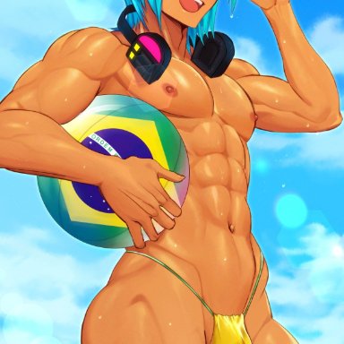 vocaloid, brazilian miku, hatsune miku, mikuo hatsune, aegis1124, 1boy, abs, beach, brazil, brazilian, bulge, femboy, feminine male, flower, flower in hair