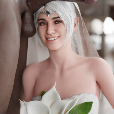 baldur's gate, baldur's gate 3, shadowheart, derpderp, 1boy, 1girls, big penis, bouquet, bridal veil, bride, bride gown, cock worship, dark-skinned male, eyeshadow, flower