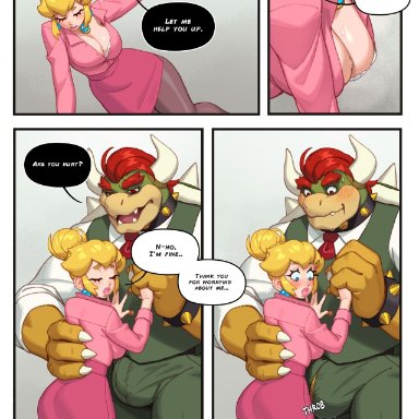 bowser, princess peach, rizdraws, alternate costume, blonde hair, blue eyes, high heels, office, office clothing, office lady, underskirt, underwear, 2024, comic, comic page