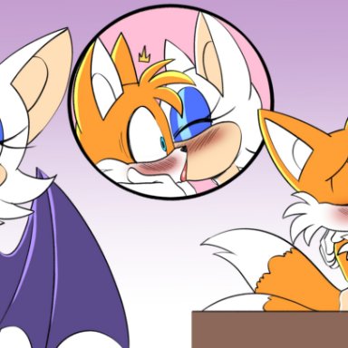 sonic (series), sonic the hedgehog (series), rouge the bat, tails the fox, aeolus06, anthro, bat, big breasts, blush, breast sucking, breastfeeding, breastfeeding during sex, bukkake, cheek blush, cum on breasts