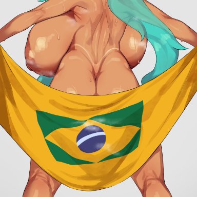 vocaloid, brazilian miku, hatsune miku, cham22, 1girls, areolae, ass, big areola, big ass, big breasts, big nipples, blue hair, blush, brazilian flag, breasts