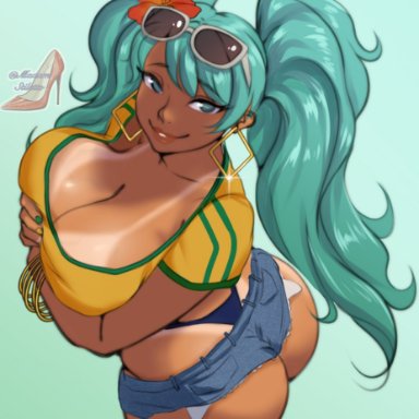 vocaloid, brazilian miku, hatsune miku, madam stiletto, 1girls, ass, big breasts, bikini bottom, bikini tan, blue eyes, bracelet, brazil, brazilian, brazilian female, breasts