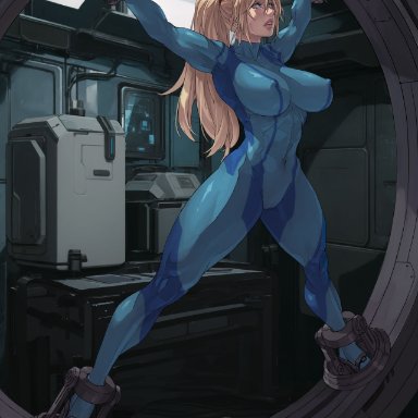 metroid, samus aran, xxoom, 1girls, abs, armpits, big breasts, blonde hair, blue eyes, bodysuit, bondage, bound, breasts, captured, captured heroine