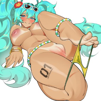 vocaloid, brazilian miku, hatsune miku, kichiroharu, anklet, aqua hair, bare legs, barefoot, bead anklet, bead choker, belly chain, bikini, bikini bottom only, bikini tan, blue eyes