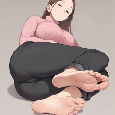 supergetthi, barefoot, brown eyes, brown hair, half-closed eyes, lying, pants, smile, sweater, ai generated