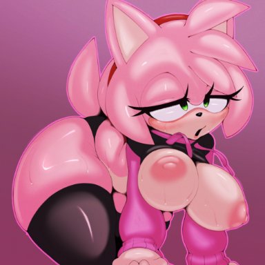 sega, sonic (series), sonic the hedgehog (series), amy rose, ephemilie, 1girls, areola, areolae, better version, big breasts, breasts, clothed, clothing, cropped hoodie, eulipotyphlan