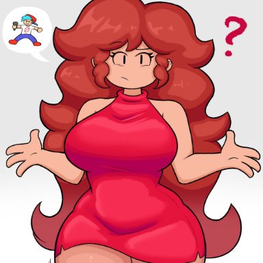 fnf, friday night funkin, boyfriend (friday night funkin), girlfriend (friday night funkin), sketchfins, ?, big breasts, breasts, brown hair, cleavage, clothed, clothing, confused, red dress, thick thighs