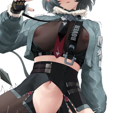 zenless zone zero, jane doe (zenless zone zero), n9at, 1boy, animal ears, belt, black gloves, black hair, black shirt, black shorts, blush, breasts, brown pantyhose, clothed female nude male, clothed sex