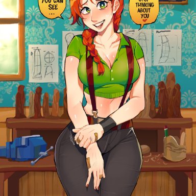 stardew valley, leah (stardew valley), diforland, 1girls, big eyes, braid, breasts, cleavage, clothed female, collarbone, dildo, green eyes, hourglass figure, huge eyes, nervous