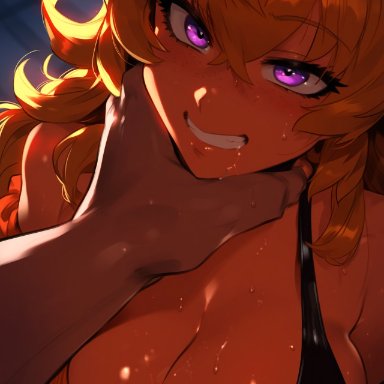 rwby, yang xiao long, 1boy, 1girls, asphyxiation, big breasts, blonde hair, choking, dark-skinned male, drooling, faceless male, floating hands, heart, hearts around head, looking at partner