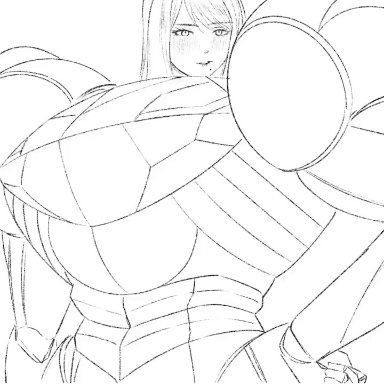 metroid, samus aran, artist request, 1girls, breast expansion, breast growth, breasts bigger than head, breasts bursting armor, breasts bursting clothes, breasts bursting out, huge breasts, animation, monochrome, tagme, video