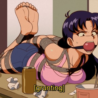 neon genesis evangelion, misato katsuragi, jam-orbital, 1girls, alcohol, arms behind back, arms tied, arms tied behind back, ass, ball gag, barefoot, beer, beer can, beverage, beverage can