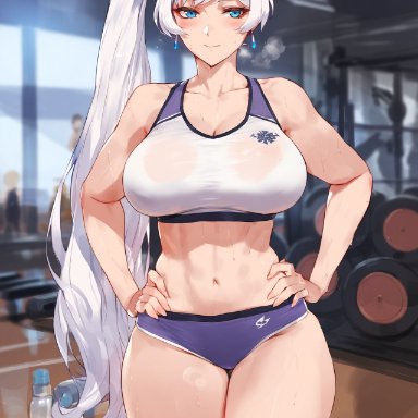 rwby, weiss schnee, truck kun, abs, bangs, bare shoulders, blue eyes, blush, bottle, bra, breasts, buruma, clavicle, cleavage, closed mouth