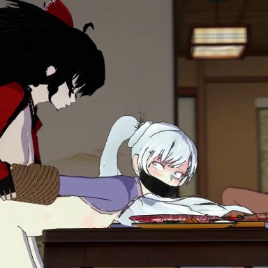 rooster teeth, rwby, raven branwen, ruby rose, weiss schnee, sfmslayer, anal, angry, ass, ball gag, bending over, black hair, blue eyes, bondage, clothed sex