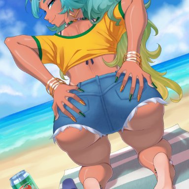 vocaloid, brazilian miku, hatsune miku, jc tek, 1girls, 5 toes, anklet, ass, back, back view, bangs, beach, big ass, big thighs, bikini