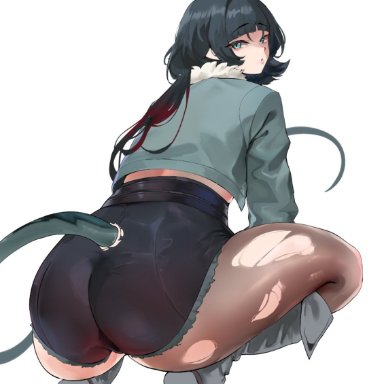 hoyoverse, mihoyo, zenless zone zero, jane doe (zenless zone zero), yotahen, 1girls, animal ears, ass, big ass, big balls, black hair, blue eyes, clothed, crouched, dark hair