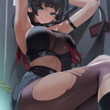 zenless zone zero, jane doe (zenless zone zero), choyeon, 1girls, animal ears, aqua eyes, arm strap, armpits, arms up, bare shoulders, black hair, blush, breasts, closed mouth, cuffs