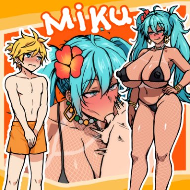 vocaloid, brazilian miku, hatsune miku, kagamine len, ycgirl, :&gt;=, 1boy, age difference, bikini, black bikini, blonde hair, blue eyes, blush, bracelet, brazil