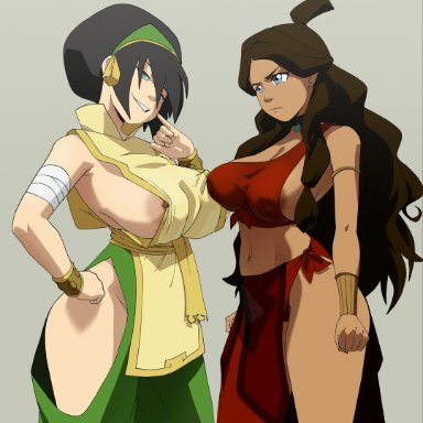 avatar the last airbender, katara, toph bei fong, drpizzaboi1, inker comics, inkershike, 2girls, alternate breast size, annoyed, blind, busty, female, female only, grin, huge breasts