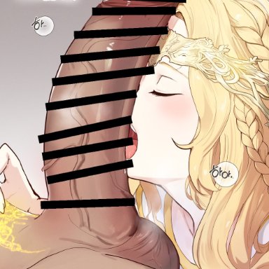 elden ring, fromsoftware, shadow of the erdtree, miquella, gu599, 2boys, blonde hair, closed eyes, electrical tape, fellatio, femboy, femboy focus, femboy on male, licking penis, light-skinned male