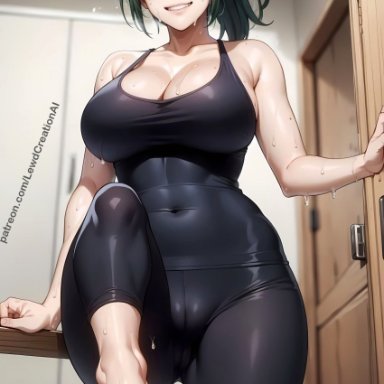 jujutsu kaisen, zenin maki, lewdcreationsai, 1girls, after workout, barefoot, big breasts, blush, blush lines, blushing at viewer, breasts, breasts out, brown eyes, cameltoe, cleavage