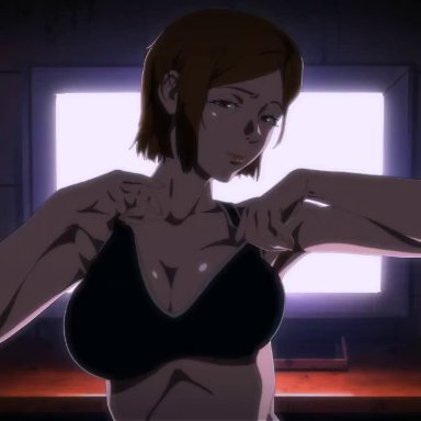 jujutsu kaisen, kugisaki nobara, momotdart, 1girls, big breasts, bouncing breasts, brown hair, cleavage, jiggle, jiggling breasts, provocative, shiny skin, short hair, animated, tagme