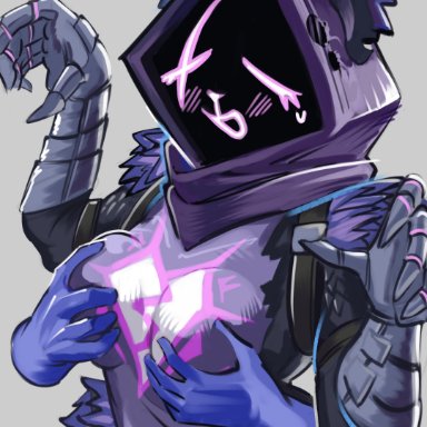 fortnite, raven team leader, moxydrawsmore, anthro only, belt, furry, groping, groping breasts, groping from behind, hood, pistol, pulling clothing, sweat, sweatdrop, sweating