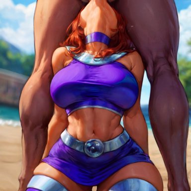 dc, dc comics, starfire, tampopo, 1boy, 1girls, abs, alien, alien girl, athletic female, balls, balls deep, bare shoulders, beach, belly