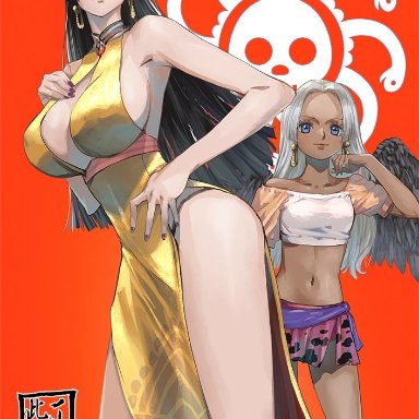 one piece, boa hancock, s-snake (one piece), seraphim (one piece), konohana, 2girls, age difference, angel wings, animal print, arm up, armpits, bare arms, bare legs, bare shoulders, black hair