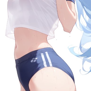 genshin impact, furina (genshin impact), meyro, blue buruma, breasts, buruma, female, head out of frame, long hair, midriff, navel, shirt, short sleeves, solo, stomach