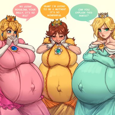 mario (series), mario bros, nintendo, super mario bros., super mario galaxy, super mario land, princess daisy, princess peach, princess rosalina, sunflower art, disproportional, female, hyper belly, pregnant, artist name