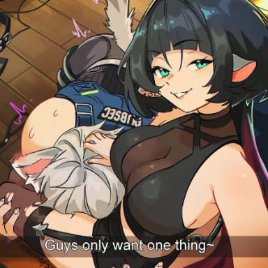 snapchat, zenless zone zero, jane doe (zenless zone zero), qingyi (zenless zone zero), seth lowell, snegovski, 1boy, animal ears, black shorts, blunt bangs, breasts, cat boy, cat ears, cat tail, cowboy shot